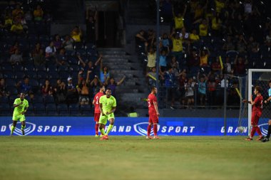 Buriram, Tayland - 8 Haziran 2019: Jurich Christopher Alexander Carolina # 5 Curacao oyuncusu Kings Cup final maçı sırasında Chang Arena, Buriram, Tayland