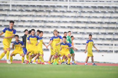 Buriram, Tayland - 6 Haziran 2019: Nguyn Cng Phng # 10 Vietnam oyuncusu Curacao 'ya karşı oynadığı maç öncesinde Buriram, Tayland