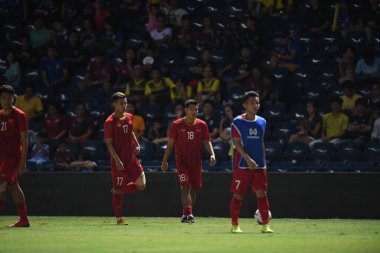 Buriram, Tayland - 8 Haziran 2019: Ha Duc Chinh # 18 Vietnam Futbolcusu Chang Arena, Buriram, Tayland 'da Curacao ile oynanan final maçında