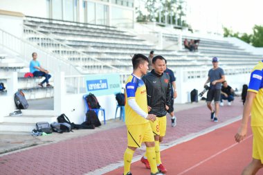 Buriram, Tayland - 6 Ocak 2019: Nguyn Quang 19 numaralı Vietnam oyuncusu Curacao 'ya karşı oynadığı maç öncesinde, Buriram, Tayland