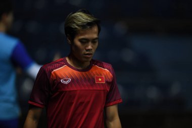 Buriram, Tayland - 3 Haziran 2019: Chang arena, Buriram, Tayland 'daki King Cup 2019 turnuvası öncesinde Vietnam' ın tanımlanamayan oyuncusu