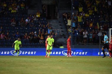Buriram, Tayland - 8 Haziran 2019: Jurich Christopher Alexander Carolina # 5 Curacao oyuncusu Kings Cup final maçı sırasında Chang Arena, Buriram, Tayland