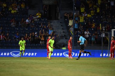 Buriram, Tayland - 8 Haziran 2019: Jurich Christopher Alexander Carolina # 5 Curacao oyuncusu Kings Cup final maçı sırasında Chang Arena, Buriram, Tayland