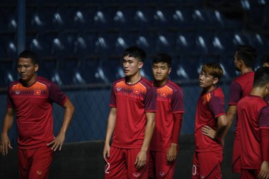 Buriram, Tayland - 3 Haziran 2019: Chang arena, Buriram, Tayland 'daki King Cup 2019 turnuvası öncesinde Vietnam' ın tanımlanamayan oyuncusu