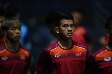 Buriram, Tayland - 3 Haziran 2019: Chang arena, Buriram, Tayland 'daki King Cup 2019 turnuvası öncesinde Vietnam' ın tanımlanamayan oyuncusu