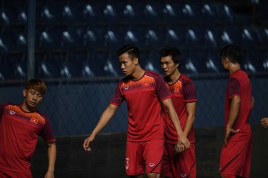 Buriram, Tayland - 3 Haziran 2019: Chang arena, Buriram, Tayland 'daki King Cup 2019 turnuvası öncesinde Vietnam' ın tanımlanamayan oyuncusu
