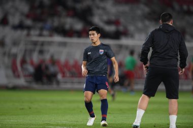 Jakarta, Endonezya - 10 Eylül 2019: Manuel Tom Bihr # 14 Tayland Oyuncusu 2020 Dünya Kupası elemeleri sırasında Endonezya 0-3 Tayland maçı sırasında Gelora Bung Karno Stadyumu, Endonezya