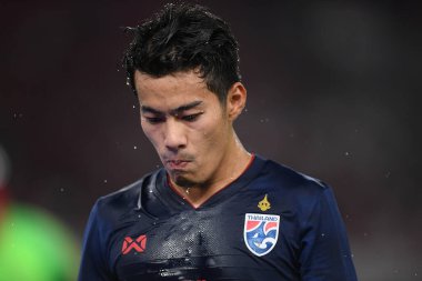 Jakarta, Endonezya - 10 Eylül 2019: Manuel Tom Bihr # 14 Tayland Oyuncusu 2020 Dünya Kupası elemeleri sırasında Endonezya 0-3 Tayland maçı sırasında Gelora Bung Karno Stadyumu, Endonezya