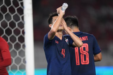 Jakarta, Endonezya - 10 Eylül 2019: Manuel Tom Bihr # 14 Tayland Oyuncusu 2020 Dünya Kupası elemeleri sırasında Endonezya 0-3 Tayland maçı sırasında Gelora Bung Karno Stadyumu, Endonezya