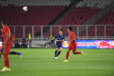 Jakarta, Endonezya - 10 Eylül 2019: Manuel Tom Bihr # 14 Tayland Oyuncusu 2020 Dünya Kupası elemeleri sırasında Endonezya 0-3 Tayland maçı sırasında Gelora Bung Karno Stadyumu, Endonezya