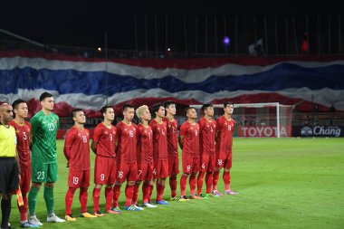 Pathumthani Thailand 5 Eylül 2019: 2022 Dünya Kupası elemeleri sırasında Thammasat Stadyumu 'nda Vietnam' a karşı oynayan Vietnam oyuncusu 