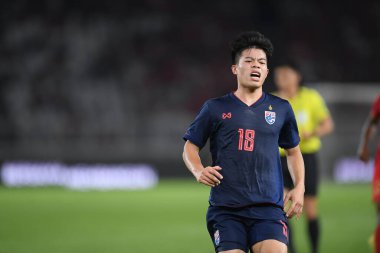 Jakarta Endonezya 10 sep 2019: Ekanit panya # 18 thailand oyuncusu 2020 Dünya Kupası elemeleri sırasında Endonezya 0-3 Tayland 'da Gelora bung karno stadında