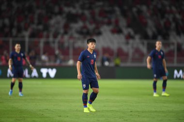 Jakarta Endonezya 10 sep 2019: Ekanit panya # 18 thailand oyuncusu 2020 Dünya Kupası elemeleri sırasında Endonezya 0-3 Tayland 'da Gelora bung karno stadında 