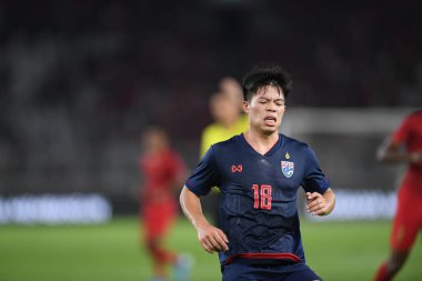 Jakarta Endonezya 10 sep 2019: Ekanit panya # 18 thailand oyuncusu 2020 Dünya Kupası elemeleri sırasında Endonezya 0-3 Tayland 'da Gelora bung karno stadında 