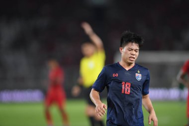 Jakarta Endonezya 10 sep 2019: Ekanit panya # 18 thailand oyuncusu 2020 Dünya Kupası elemeleri sırasında Endonezya 0-3 Tayland 'da Gelora bung karno stadında 