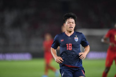Jakarta Endonezya 10 sep 2019: Ekanit panya # 18 thailand oyuncusu 2020 Dünya Kupası elemeleri sırasında Endonezya 0-3 Tayland 'da Gelora bung karno stadında 
