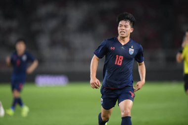 Jakarta Endonezya 10 sep 2019: Ekanit panya # 18 thailand oyuncusu 2020 Dünya Kupası elemeleri sırasında Endonezya 0-3 Tayland 'da Gelora bung karno stadında 
