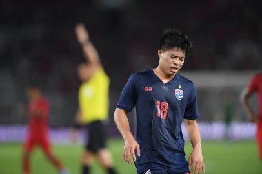 Jakarta Endonezya 10 sep 2019: Ekanit panya # 18 thailand oyuncusu 2020 Dünya Kupası elemeleri sırasında Endonezya 0-3 Tayland 'da Gelora bung karno stadında 