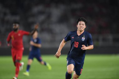 Jakarta Endonezya 10 sep 2019: Ekanit panya # 18 thailand oyuncusu 2020 Dünya Kupası elemeleri sırasında Endonezya 0-3 Tayland 'da Gelora bung karno stadında 