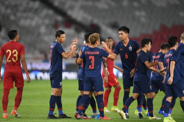 Jakarta Endonezya 10 sep 2019: Dünya Kupası 2020 Dünya Kupası elemeleri sırasındaki golü atan futbolcu Gelora Bung Karno Stadyumu 'nda 0-3 Tayland arasında. 