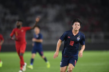 Jakarta Endonezya 10 sep 2019: Ekanit panya # 18 thailand oyuncusu 2020 Dünya Kupası elemeleri sırasında Endonezya 0-3 Tayland 'da Gelora bung karno stadında