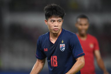 Jakarta Endonezya 10 sep 2019: Ekanit panya # 18 thailand oyuncusu 2020 Dünya Kupası elemeleri sırasında Endonezya 0-3 Tayland 'da Gelora bung karno stadında 