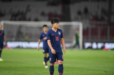 Jakarta Endonezya 10 sep 2019: Ekanit panya # 18 thailand oyuncusu 2020 Dünya Kupası elemeleri sırasında Endonezya 0-3 Tayland 'da Gelora bung karno stadında 