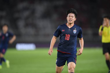 Jakarta Endonezya 10 sep 2019: Ekanit panya # 18 thailand oyuncusu 2020 Dünya Kupası elemeleri sırasında Endonezya 0-3 Tayland 'da Gelora bung karno stadında 