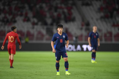 Jakarta Endonezya 10 sep 2019: Ekanit panya # 18 thailand oyuncusu 2020 Dünya Kupası elemeleri sırasında Endonezya 0-3 Tayland 'da Gelora bung karno stadında 