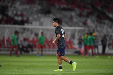 Jakarta Endonezya 10 sep 2019: Ekanit panya # 18 thailand oyuncusu 2020 Dünya Kupası elemeleri sırasında Endonezya 0-3 Tayland 'da Gelora bung karno stadında 