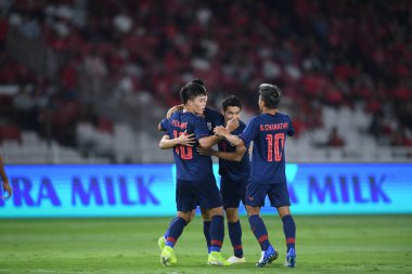 Jakarta Endonezya 10 sep 2019: Dünya Kupası 2020 Dünya Kupası elemeleri sırasındaki golü atan futbolcu Gelora Bung Karno Stadyumu 'nda 0-3 Tayland arasında. 