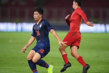 Jakarta Endonezya 10 sep 2019: Ekanit panya # 18 thailand oyuncusu 2020 Dünya Kupası elemeleri sırasında Endonezya 0-3 Tayland 'da Gelora bung karno stadında 