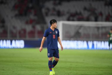 Jakarta Endonezya 10 sep 2019: Ekanit panya # 18 thailand oyuncusu 2020 Dünya Kupası elemeleri sırasında Endonezya 0-3 Tayland 'da Gelora bung karno stadında 