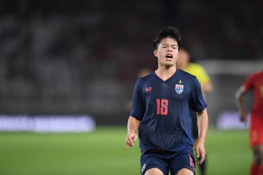 Jakarta Endonezya 10 sep 2019: Ekanit panya # 18 thailand oyuncusu 2020 Dünya Kupası elemeleri sırasında Endonezya 0-3 Tayland 'da Gelora bung karno stadında 