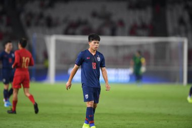 Jakarta Endonezya 10 sep 2019: Ekanit panya # 18 thailand oyuncusu 2020 Dünya Kupası elemeleri sırasında Endonezya 0-3 Tayland 'da Gelora bung karno stadında 