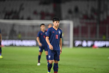 Jakarta Endonezya 10 sep 2019: Ekanit panya # 18 thailand oyuncusu 2020 Dünya Kupası elemeleri sırasında Endonezya 0-3 Tayland 'da Gelora bung karno stadında 