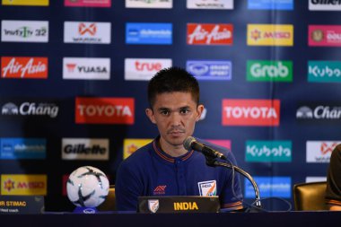 Buriram Tayland 4 Haziran 2019: Hindistan 'ın Sunil chhetri oyuncusu, Chang Arena' da basın toplantısı görevlisi 