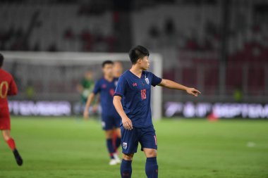 Jakarta Endonezya 10 sep 2019: Ekanit panya # 18 thailand oyuncusu 2020 Dünya Kupası elemeleri sırasında Endonezya 0-3 Tayland 'da Gelora bung karno stadında 