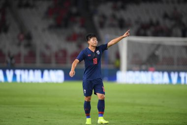 Jakarta Endonezya 10 sep 2019: Ekanit panya # 18 thailand oyuncusu 2020 Dünya Kupası elemeleri sırasında Endonezya 0-3 Tayland 'da Gelora bung karno stadında 