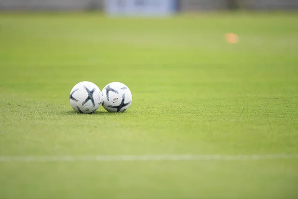Два Футбольных Мяча Поверхности Травяного Поля — стоковое фото