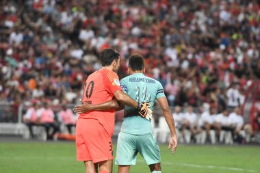 Kallang-Singapur-28 Temmuz 2018: Gianluigi Buffon # 30 PSG Oynatıcısı icc2018 'de Paris Saint-Alman Ulusal Stadyumu, Singapur' da Cephanelik ile mücadele ederken
