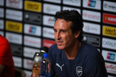 Kallang-Singapur-28 Temmuz 2018: Unai Emery Arsenal basın konferansının baş antrenörü. 2018 'den sonra Paris Saint-Germain' e karşı ulusal stadyum, Singapur