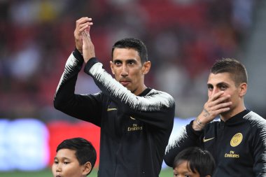 Kallang-Singapur-30 Temmuz 2018: Angel Di Maria # 11 PSG oyuncusu icc2018 'de Atletico Madrid ile Paris Saint-Alman Ulusal Stadyumu, Singapur' da karşı karşıya geldi.