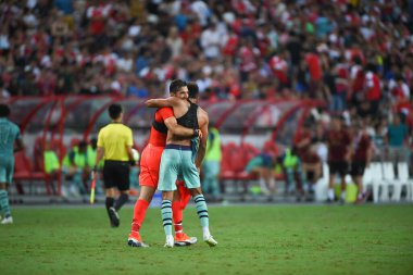 Kallang-Singapur-28 Temmuz 2018: Gianluigi Buffon # 30 PSG Oynatıcısı icc2018 'de Paris Saint-Alman Ulusal Stadyumu, Singapur' da Cephanelik ile mücadele ederken 
