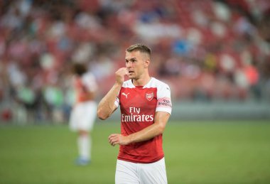 Kallang-Singapur - 26 Haziran 2018: Aaron Ramsey # 8 Arsenal oyuncusu icc2018 'de atletico de madrid' e karşı ulusal stadyum, Singapur