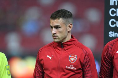 Kallang-Singapur - 26 Haziran 2018: Aaron Ramsey # 8 Arsenal oyuncusu icc2018 'de atletico de madrid' e karşı ulusal stadyum, Singapur