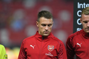 Kallang-Singapur - 26 Haziran 2018: Aaron Ramsey # 8 Arsenal oyuncusu icc2018 'de atletico de madrid' e karşı ulusal stadyum, Singapur