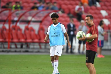 Kallang-Singapur-26 Haziran 2018: Reiss Nelson C2018 'de Arsenal ile Singapur' un başkenti Singapur 'daki Atletico de Madrid stadyumunda karşı karşıya geldi.