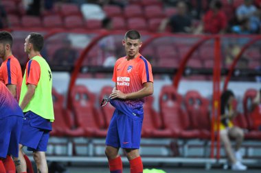 Kallang-Singapur-30 Temmuz 2018: Francisco montero # 35 Atletico Madrid oyuncusu buz 2018 'de Atletico Madrid ile ulusal stadyumdaki Paris Saint-Alman maçında ısındı.