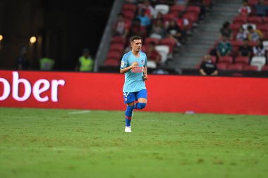 Kallang-Singapur-26Jul2018: Joaquin munoz # 47 Atletico Madrid Oyuncusu icc2018 'den önce atletico de Madrid Ulusal Stadyumu, Singapur' daki cephaneliğe karşı savaştı